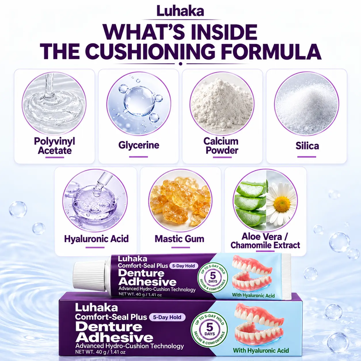 Luhaka Comfort-Seal Plus 5-Day Denture Adhesive with Hyaluronic Acid