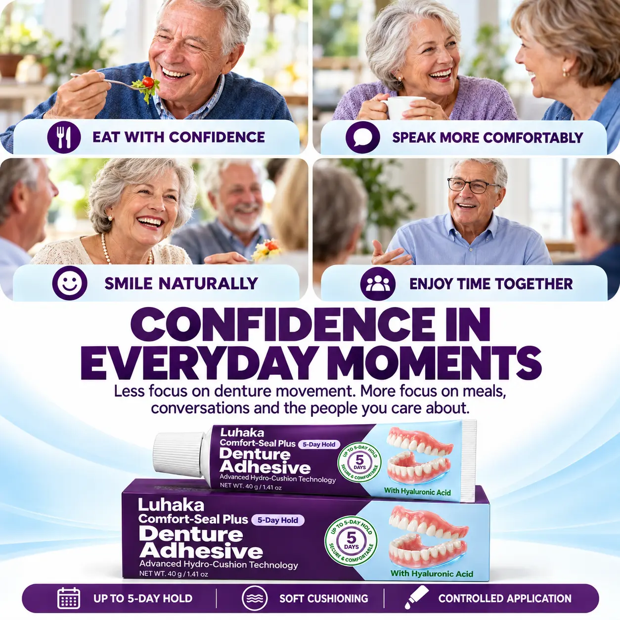 Luhaka Comfort-Seal Plus 5-Day Denture Adhesive with Hyaluronic Acid